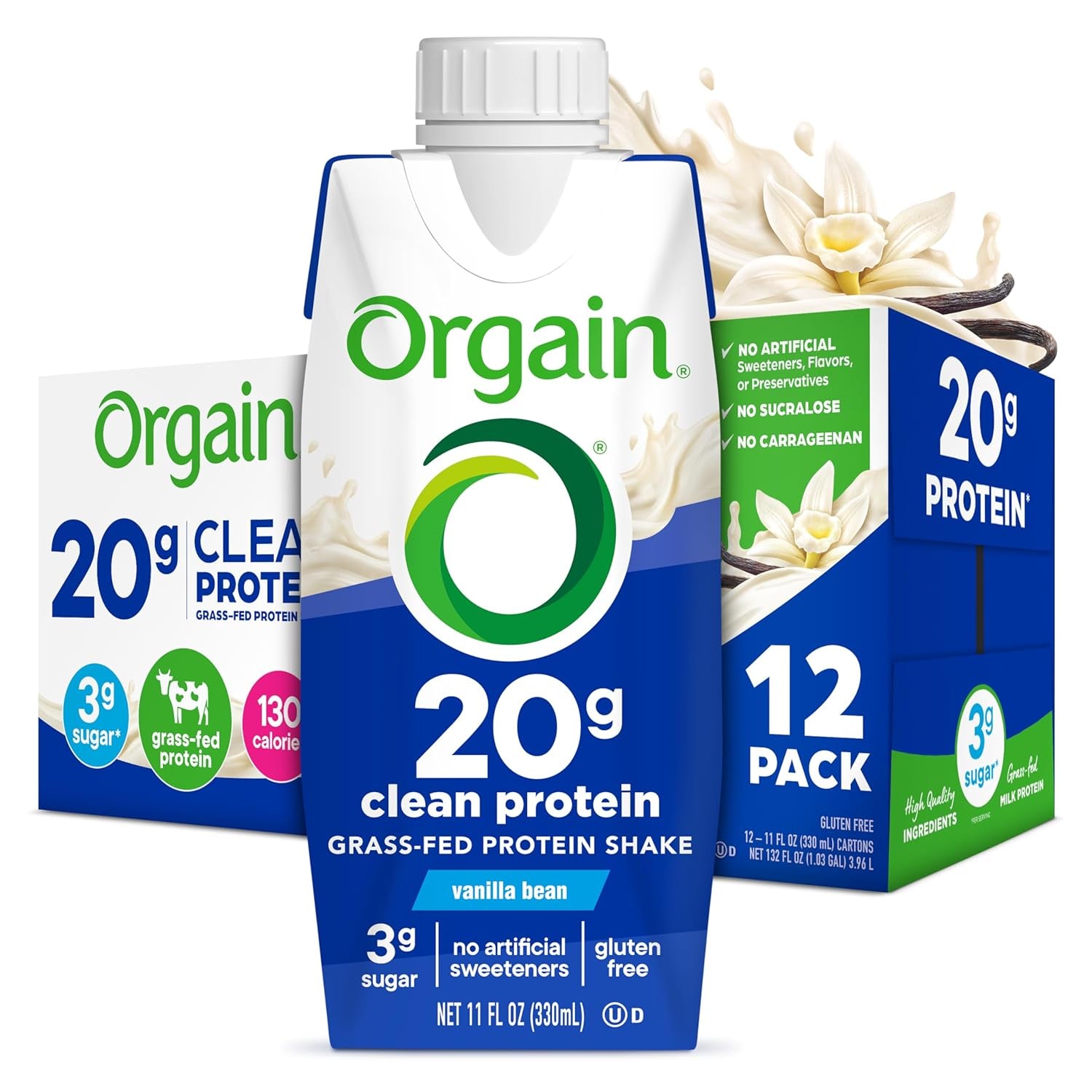 Clean Protein Shake, Grass Fed Dairy, Vanilla Bean - 20G Whey High Protein, Kosher, Ready to Drink, Low Net Carbs, Gluten Free, No Soy Ingredients, 11 Fl Oz (Pack of 12)